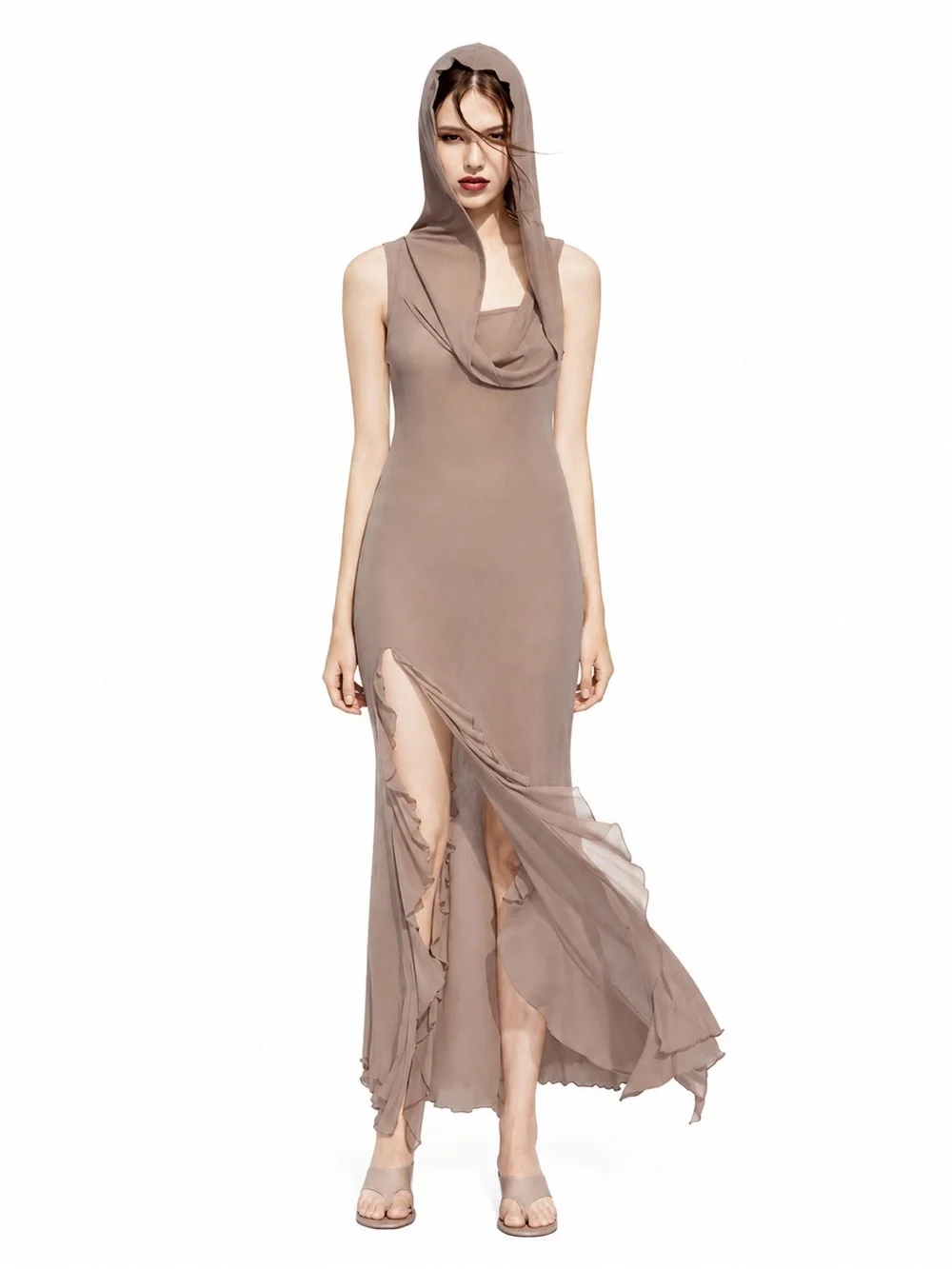 CYBERBUNNY Taupe Hooded Mesh Maxi Dress | Size M | Ruffle Slit